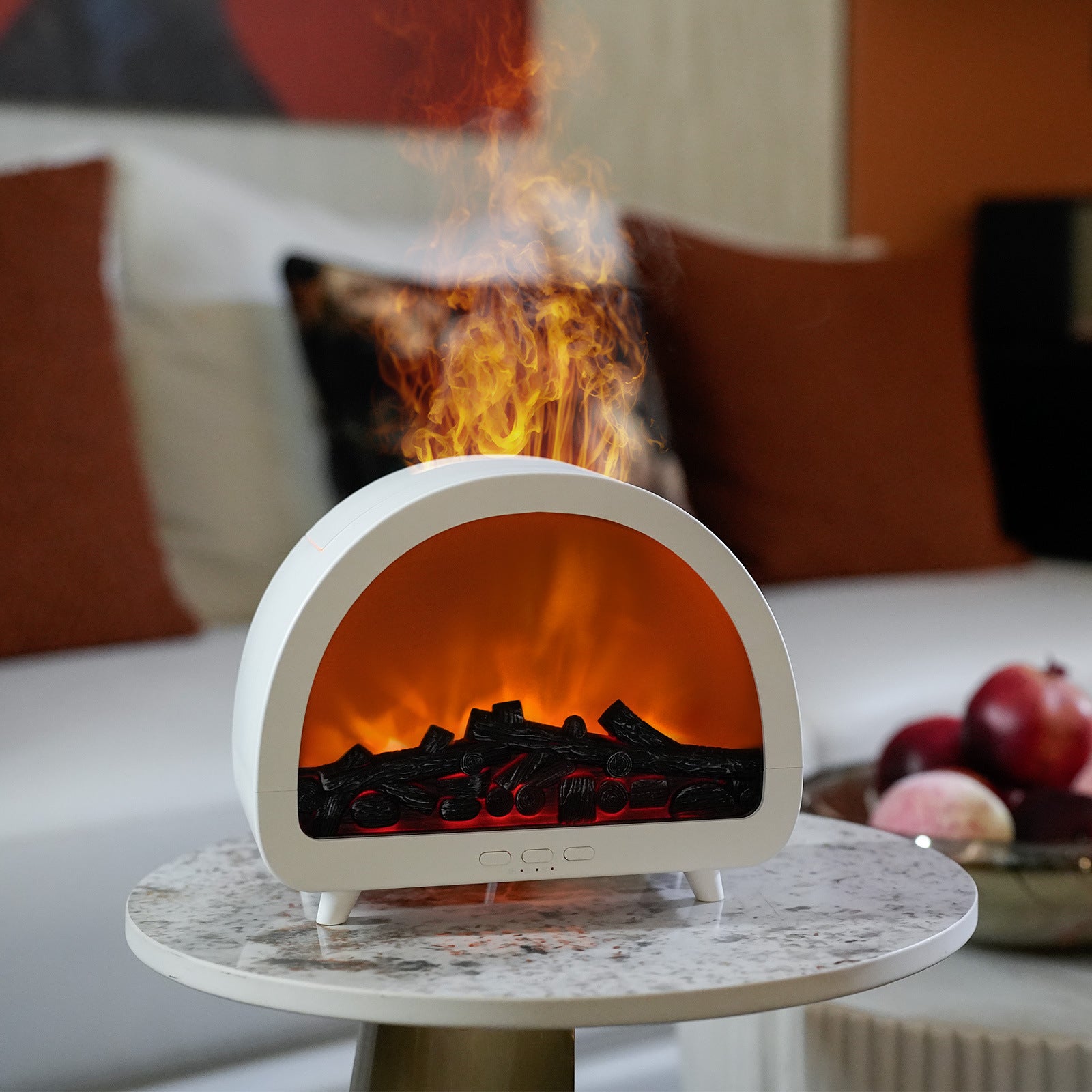 White remote aroma diffuser with arched top and orange ember glow