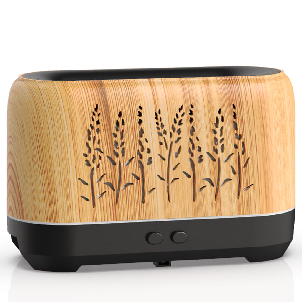 Light wood aroma diffuser with etched tree pattern and two front buttons