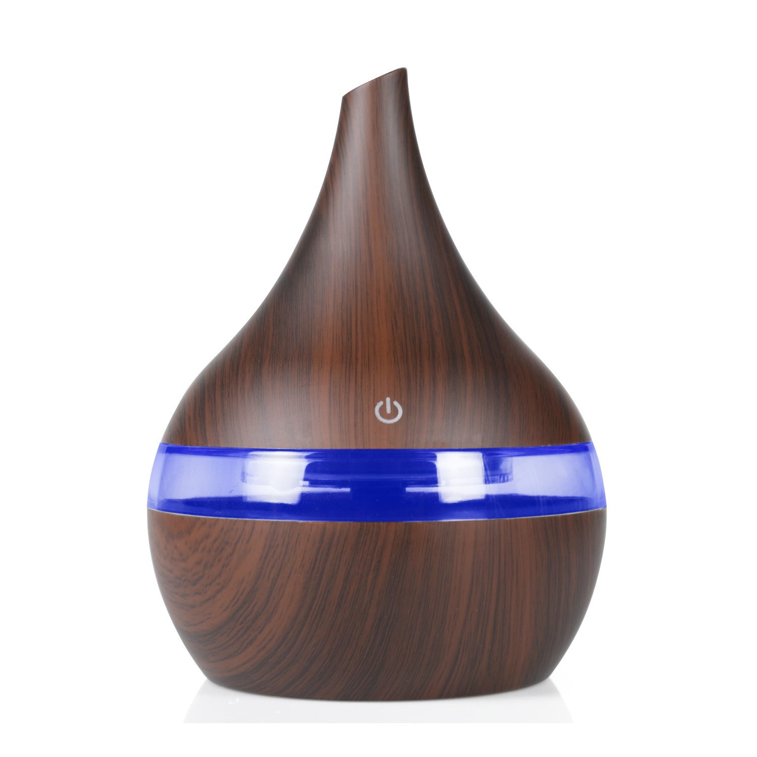 Wood grain aroma diffuser with blue LED light band, dark wood finish and power button.