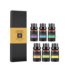 Essential oil set in black box with 6 dark bottles; labels include lavender, eucalyptus, and peppermint.
