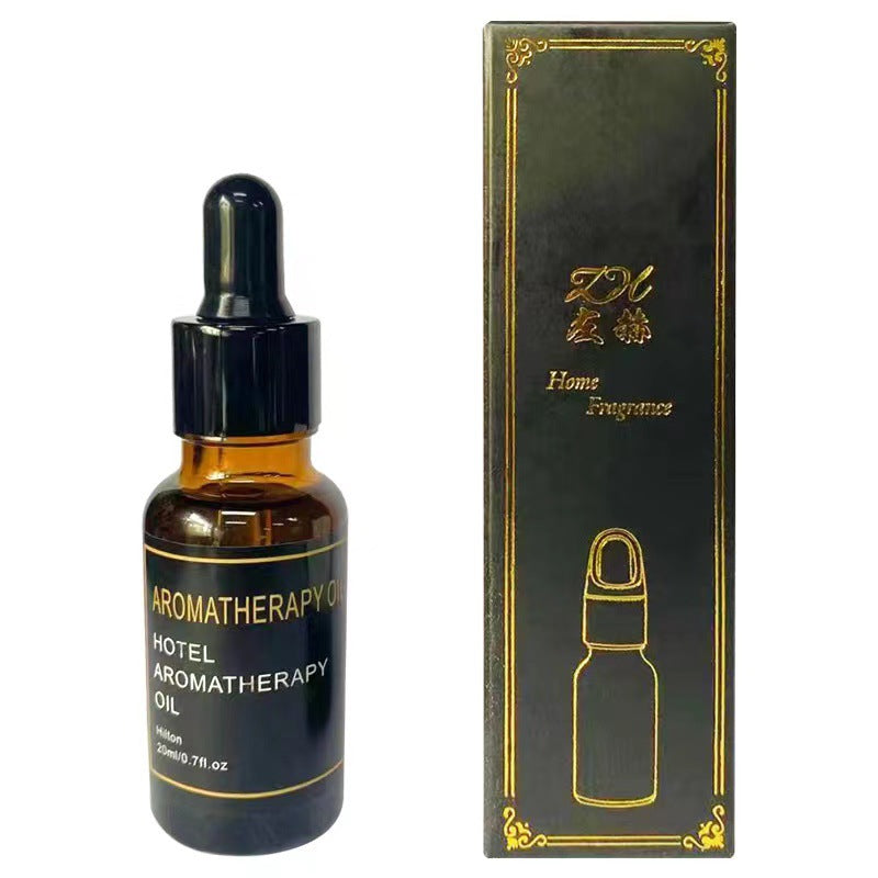 Dark amber dropper bottle with black cap and aromatherapy label, with home fragrance box