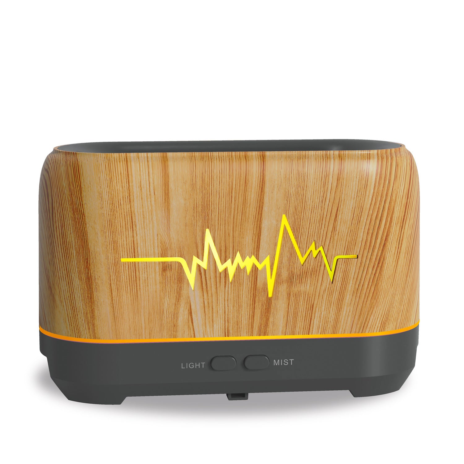 Light wood aroma diffuser with mist controls and waveform light graphic
