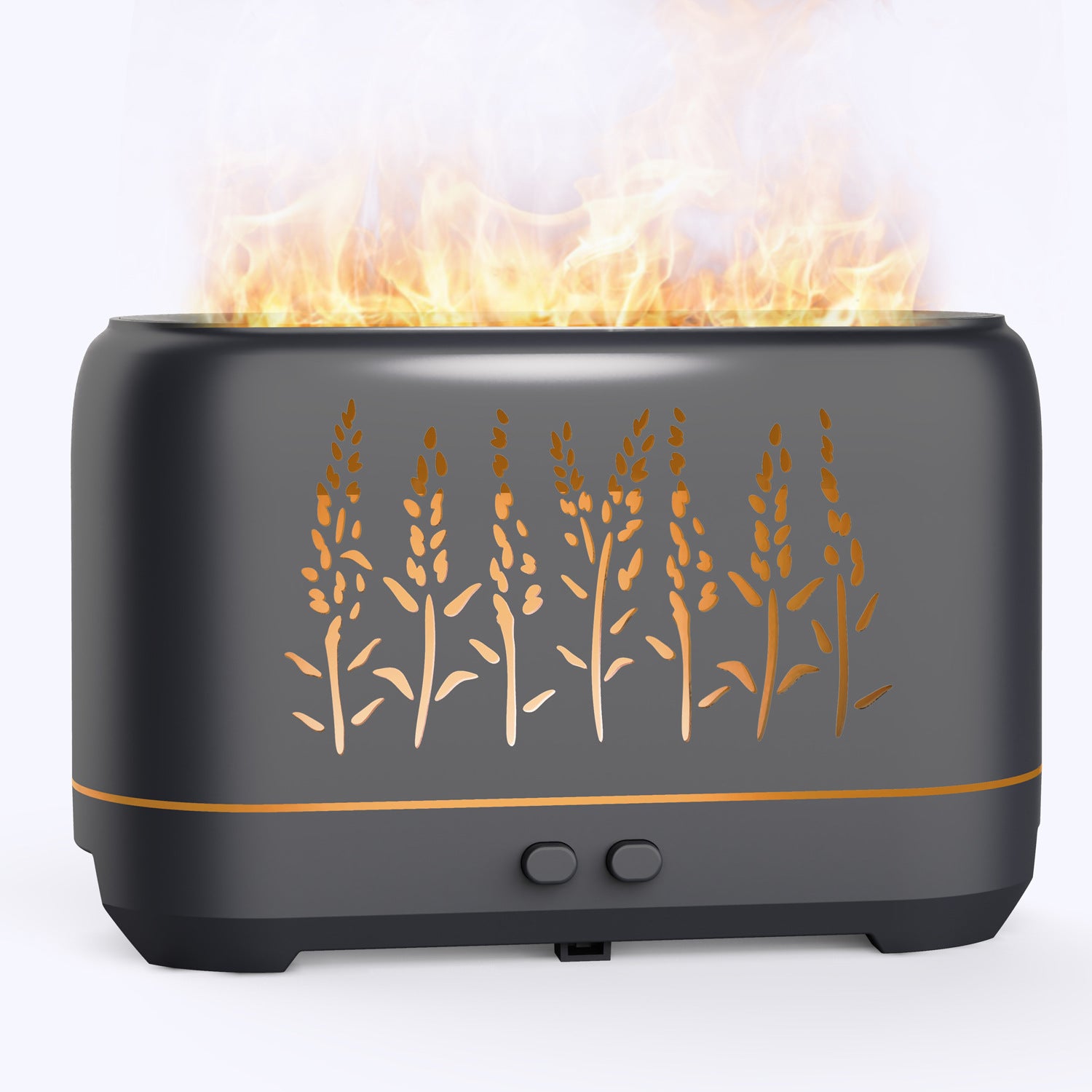 Black aroma diffuser with glowing flame effect and etched tree pattern