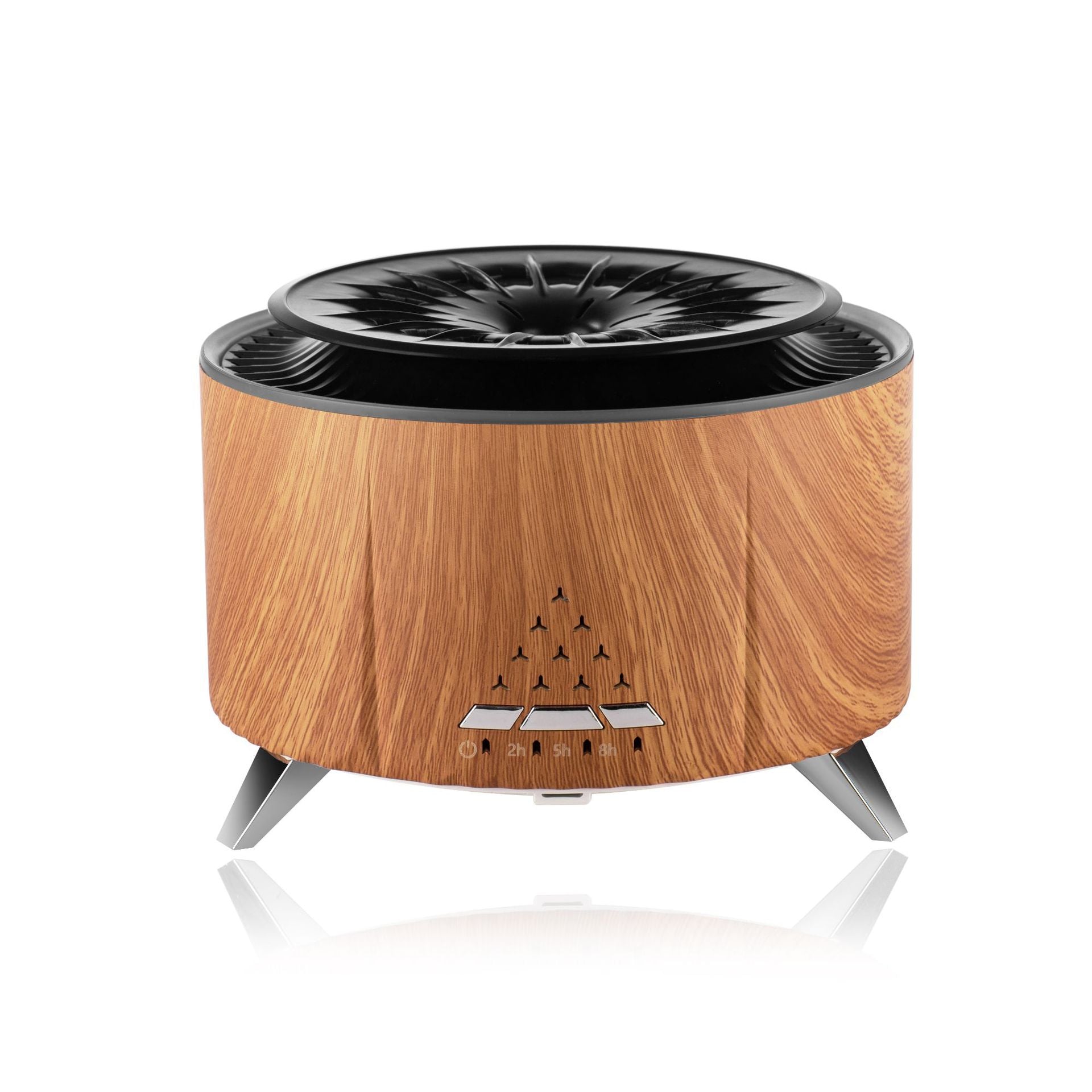 Light wood-grain aroma diffuser with black top, control icon panel, three-leg stand