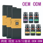 Essential oil set with 6 dark glass bottles, labeled lavender, eucalyptus, and peppermint.