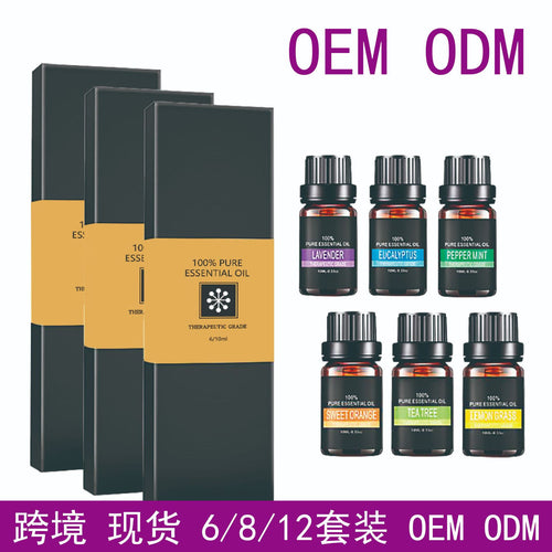 Essential oil set with 6 dark glass bottles, labeled lavender, eucalyptus, and peppermint.