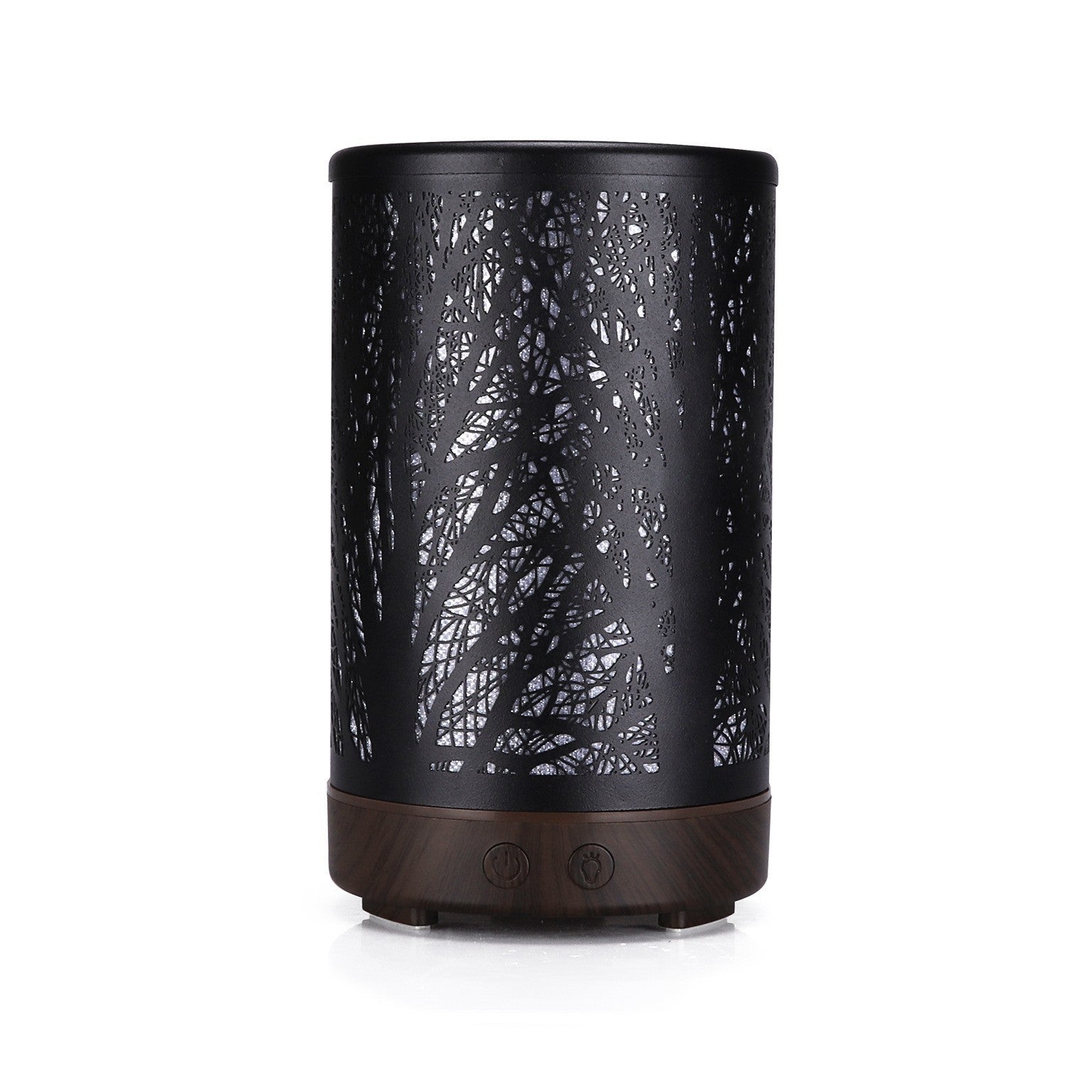 Black mini aroma diffuser with dark wood base and etched forest tree pattern