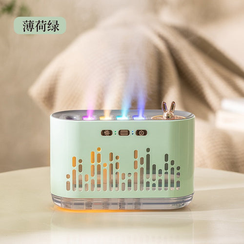 Mint green aroma diffuser with color-changing LED flame ring and bunny topper