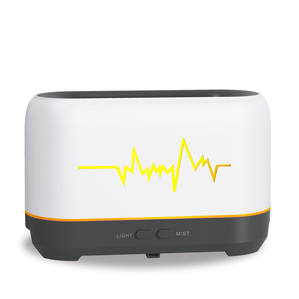 White aroma diffuser with mist controls and waveform light graphic