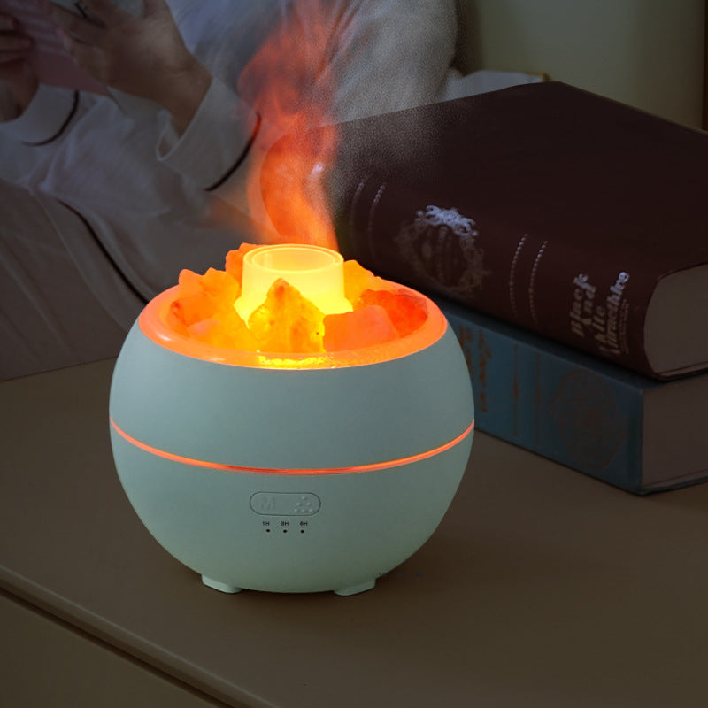 Blue salt stone crystal aroma diffuser with glowing orange flame-like crystals