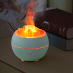Blue salt stone crystal aroma diffuser with glowing orange flame-like crystals