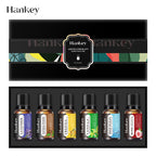 Essential oil set gift box displaying six labeled bottles with black caps