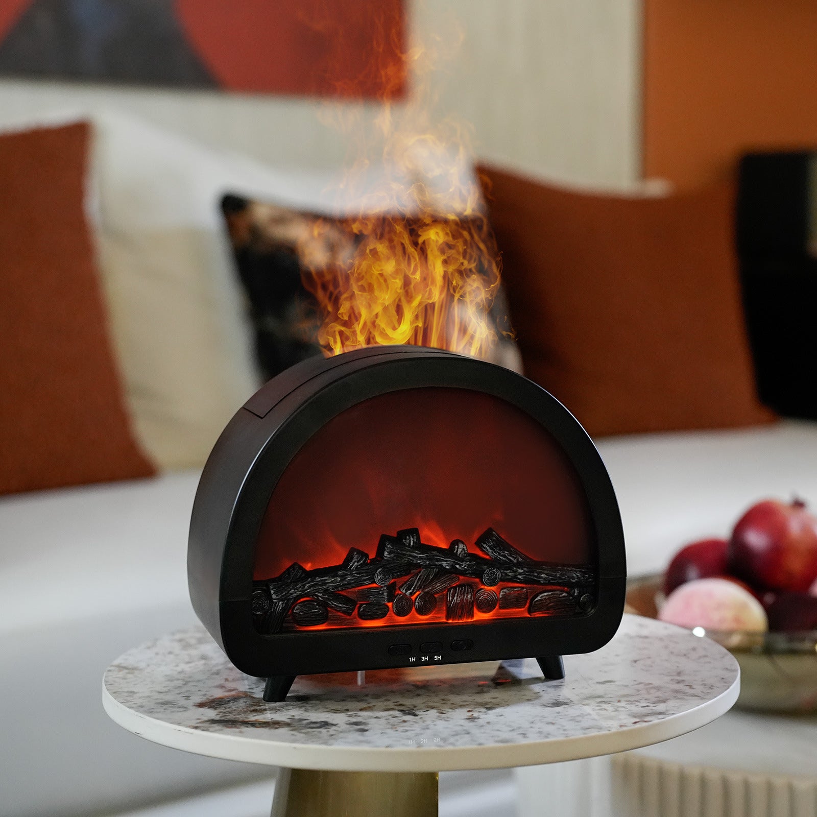 Black remote aroma diffuser with arched body and red ember flame display