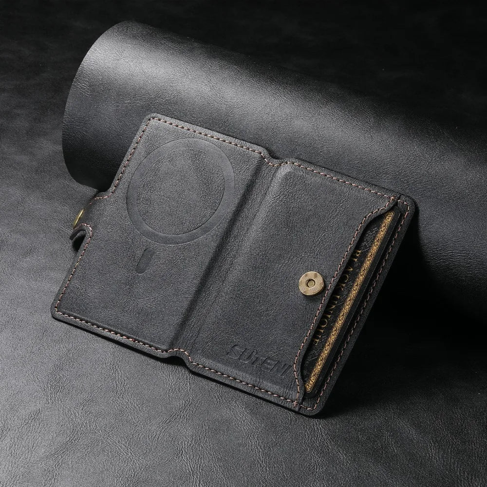 Dark leather MagSafe phone wallet with card slots and magnetic snap closure