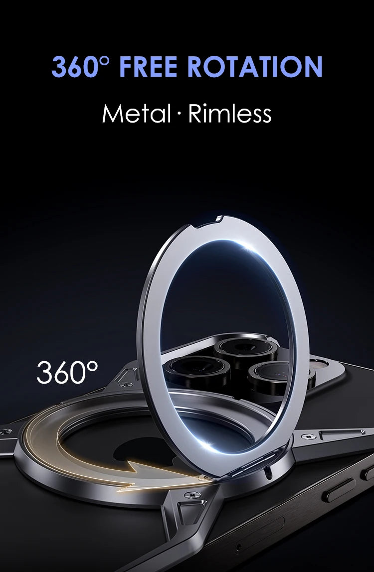 Rimless magnetic phone case with metal frame and large circular stand ring