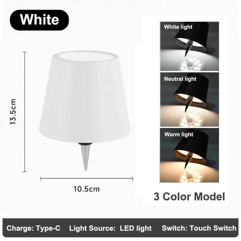White outdoor LED bottle lamp with tapered shade, 3 color light modes
