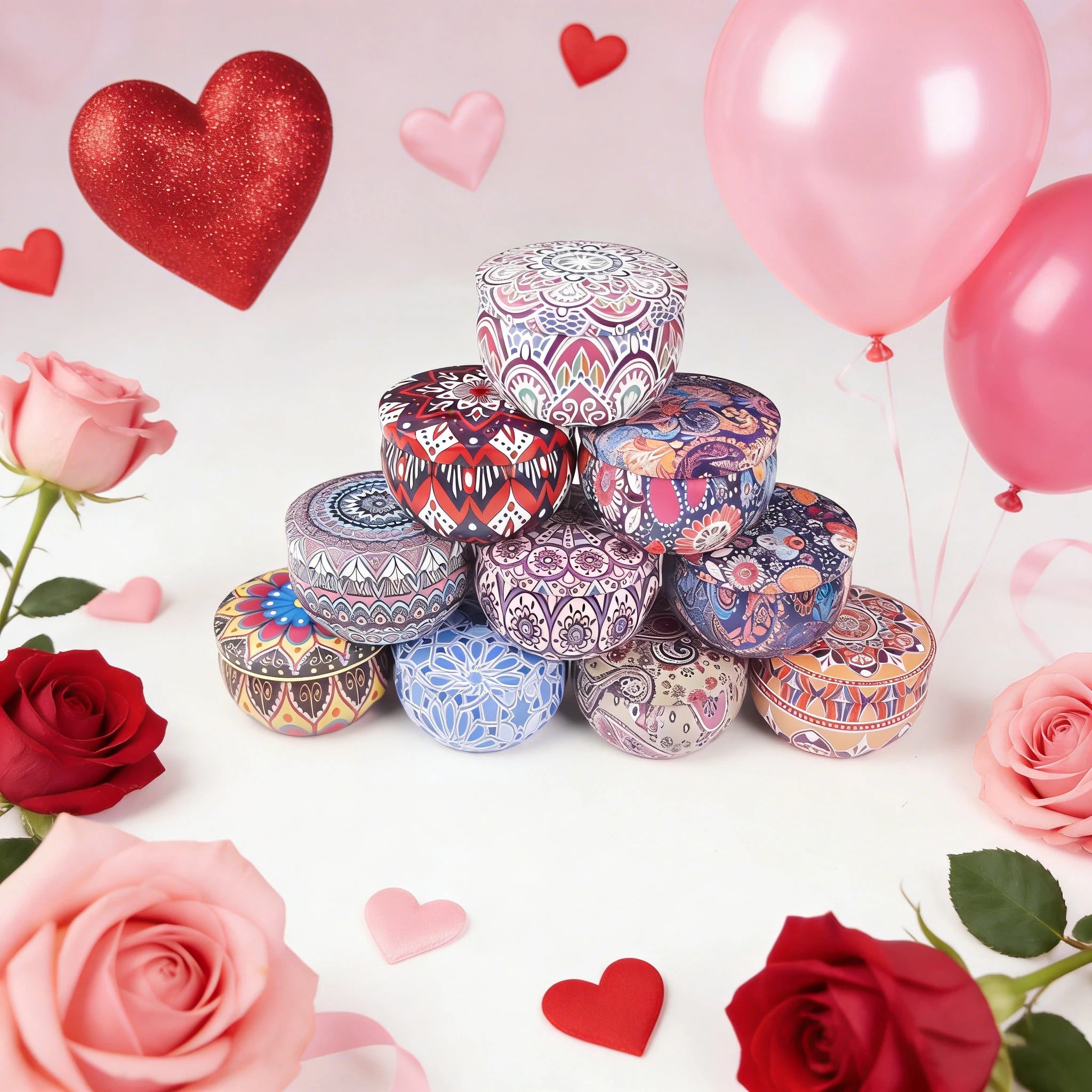 Stack of patterned tin candles with ornate mandala designs
