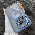 Light blue phone case with magnetic lens ring and triple camera cover, silver lens accents