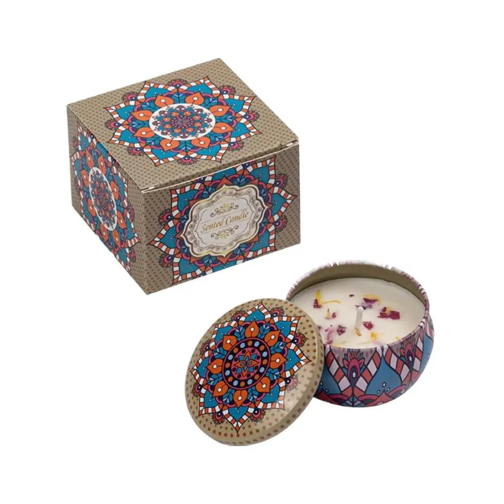 Vintage jar scented candle with colorful mandala lid and pale wax with dried petals