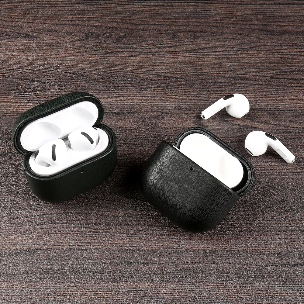 Dark green eco leather AirPods case with earbuds inside, open lid and black edge trim