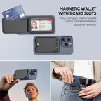 Black MagSafe wallet with card slots and fold-flat phone stand support