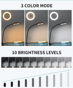 Ring light shows three color modes and ten brightness levels on a dark surface