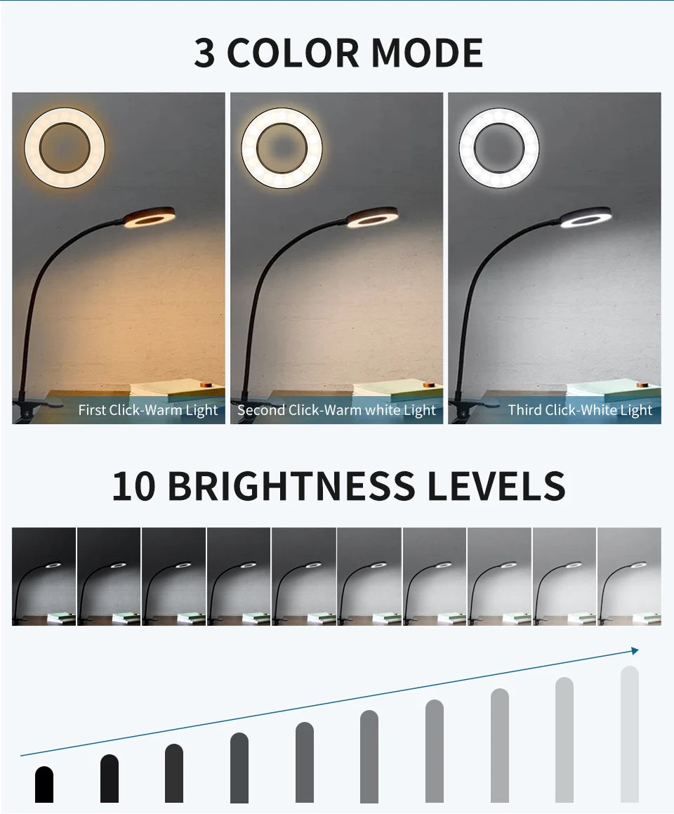 Ring light shows three color modes and ten brightness levels on a dark surface
