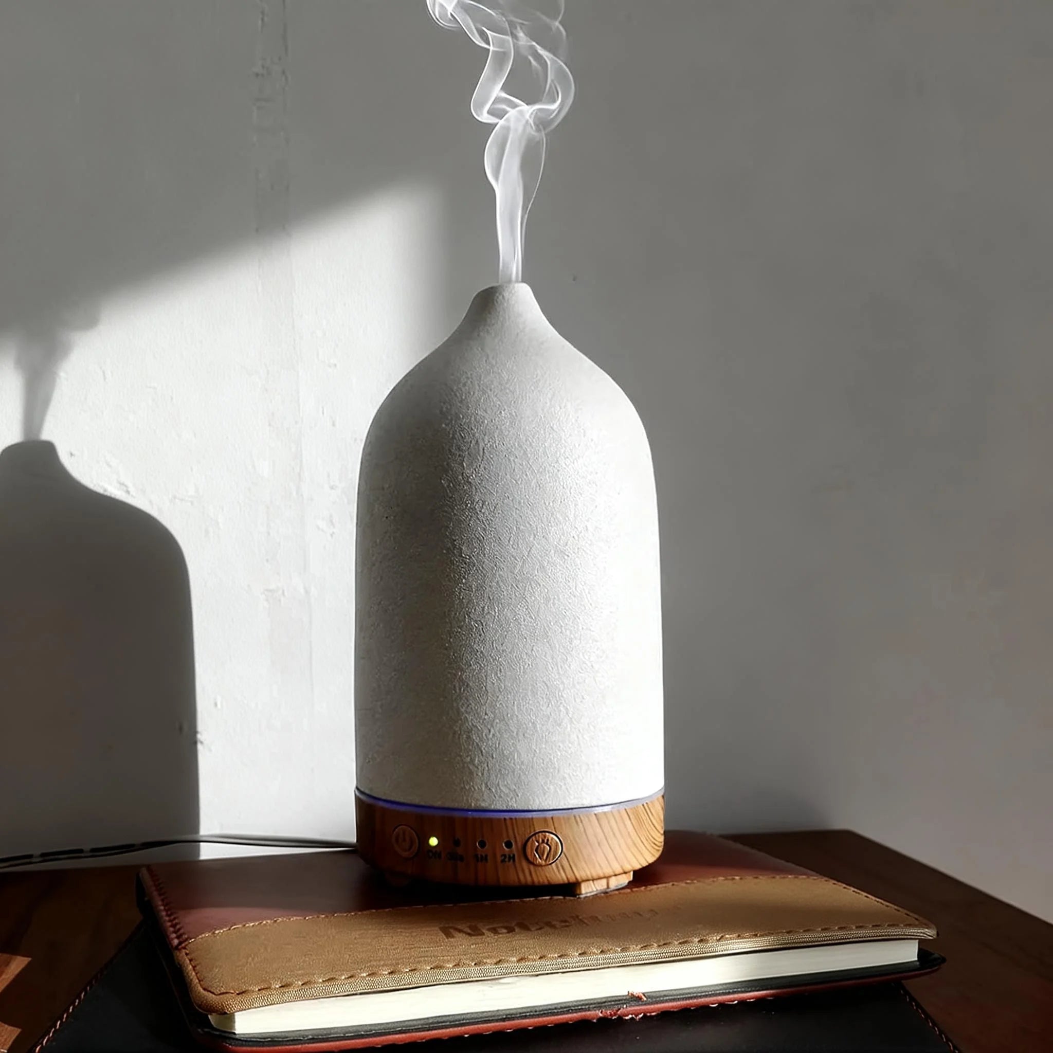 Ivory white ceramic diffuser emitting mist from the top, wood base with control lights