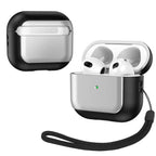 Black and silver-tone plated lanyard AirPods cases, one open with earbuds and strap cord