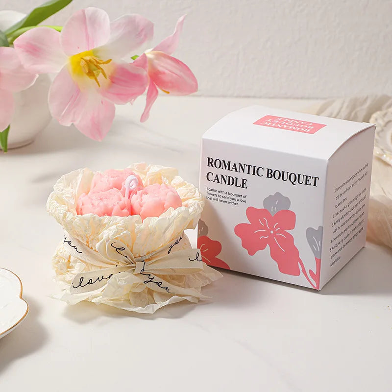 Romantic Bouquet Candle gift box with pink rose-shaped candle and matching gift box