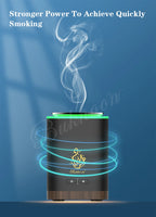 Dark electric bakhoor burner front view with glowing status buttons and wood base