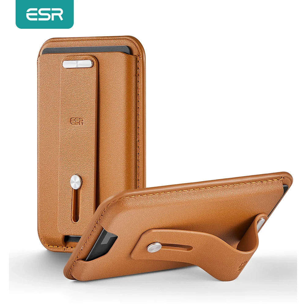 Brown wallet case with magnetic card holder and angled kickstand
