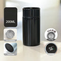 200ml compact smart thermos, black body with digital temperature display on lid.