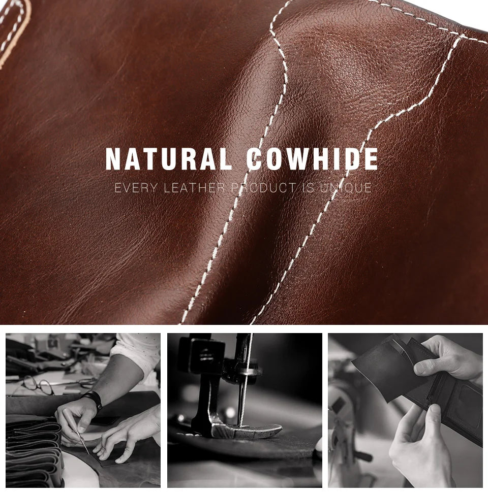 Slim leather passport wallet close-up of textured cowhide and white contrast stitching