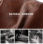 Slim leather passport wallet close-up of textured cowhide and white contrast stitching