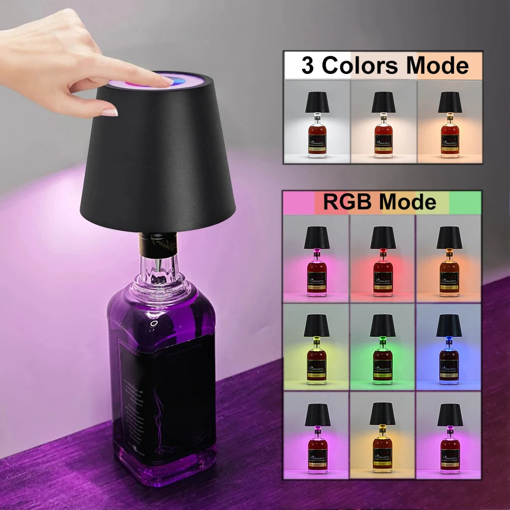 Black wine bottle LED lamp with multi-color RGB light, shown in color modes