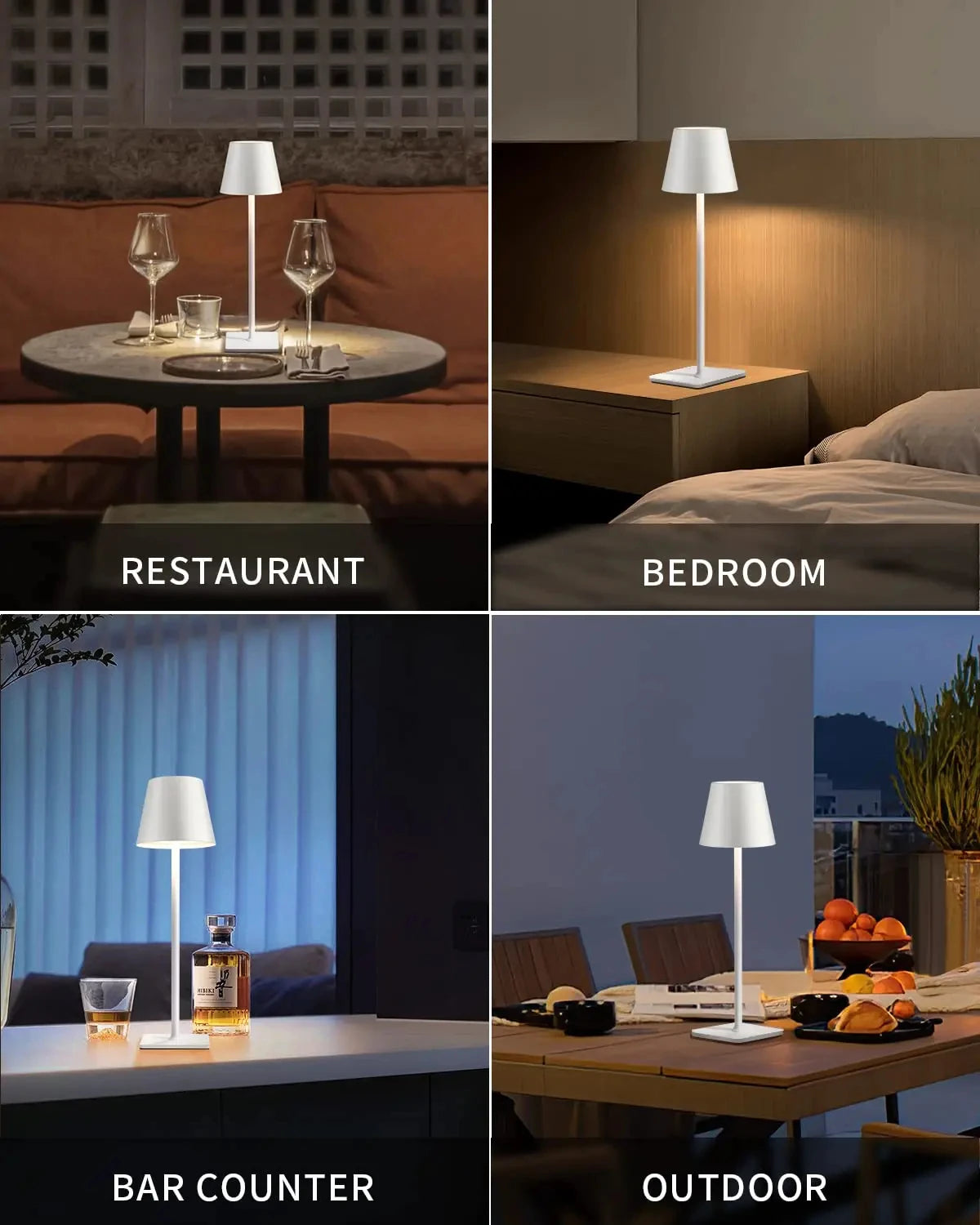 White LED desk lamp with illuminated shade on side table for bedroom or lounge