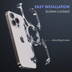 White phone case with silver rimless frame, circular magnetic stand, and camera cutouts