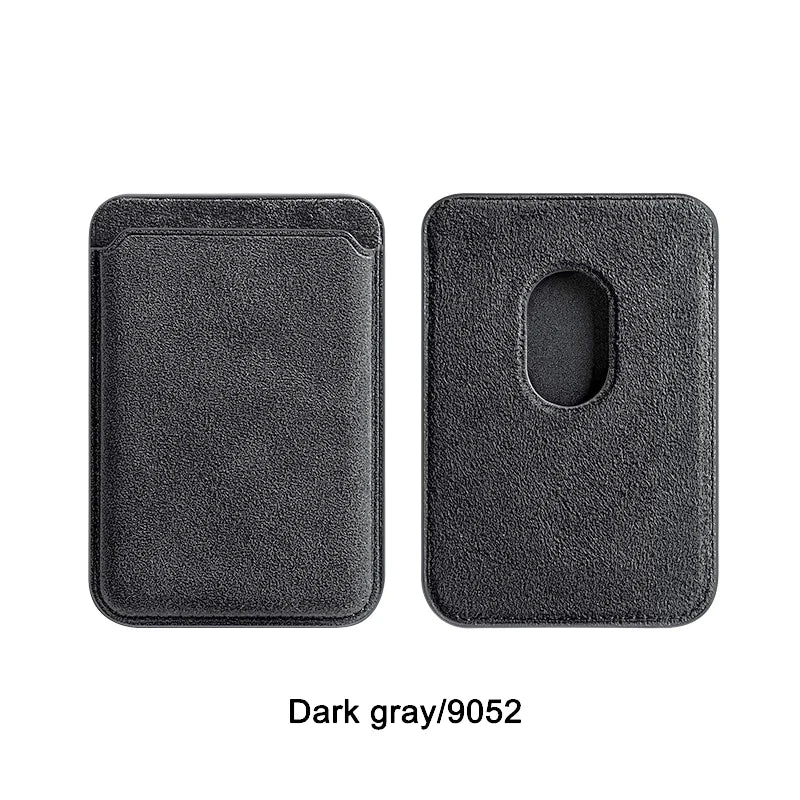 Alcantara MagSafe wallet in dark gray with oval cutout on back, smooth texture.
