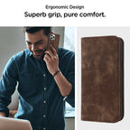 Brown MagSafe flip wallet case on phone, closed front cover