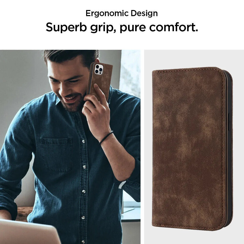 Brown MagSafe flip wallet case on phone, closed front cover