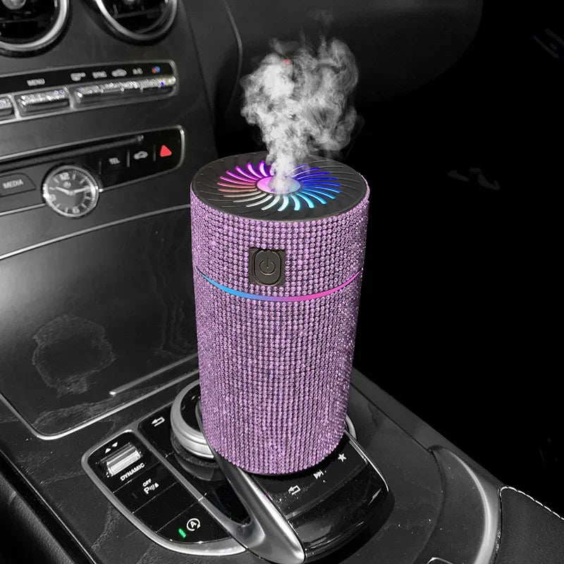 Pink glitter car aroma diffuser with purple top light fan and vapor