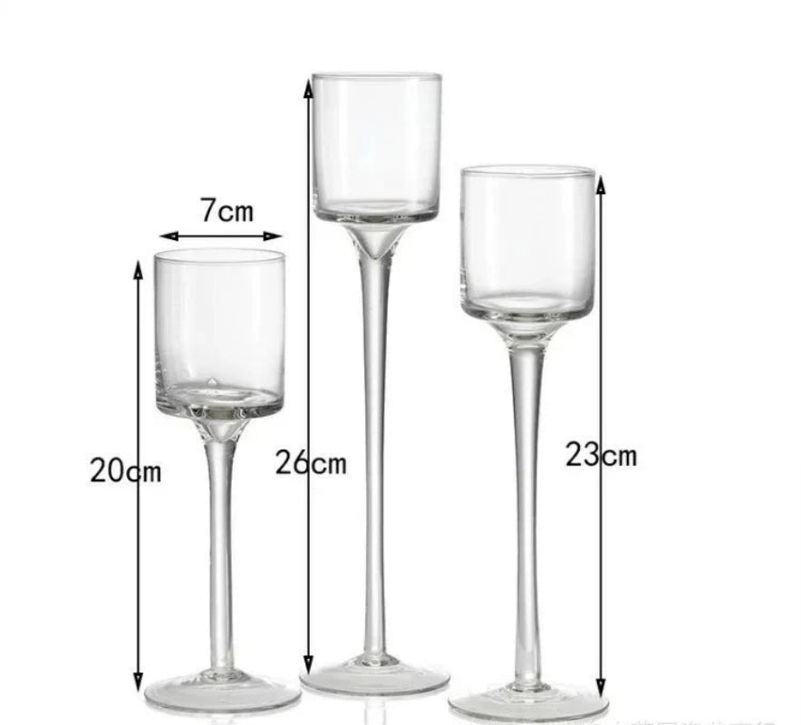 Tall glass candle holders set of 3: 20/26/23 cm heights, 7 cm cup width
