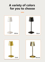 Rechargeable desk lamp color options: white, black, gold, and bronze