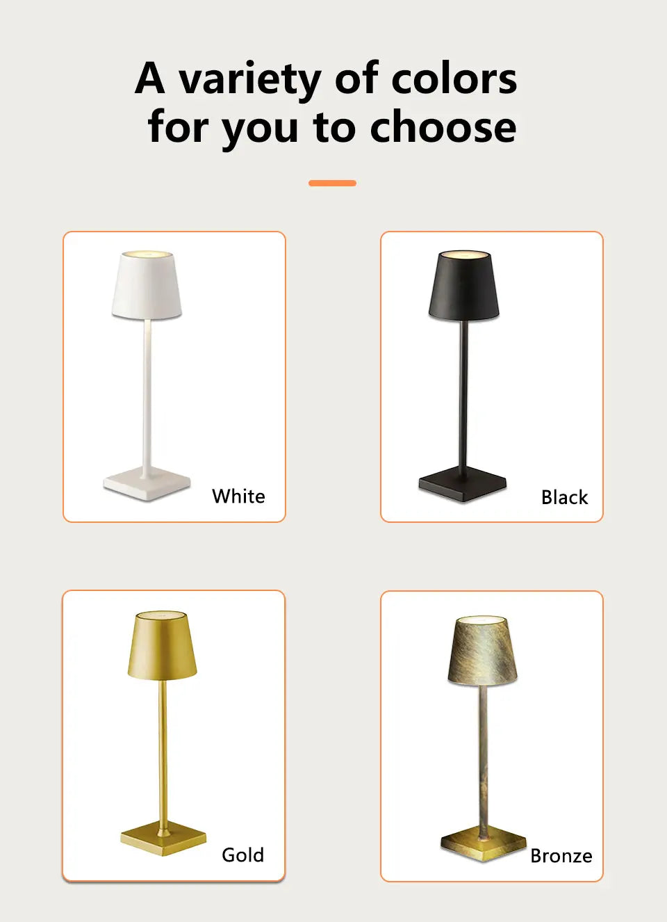 Rechargeable desk lamp color options: white, black, gold, and bronze