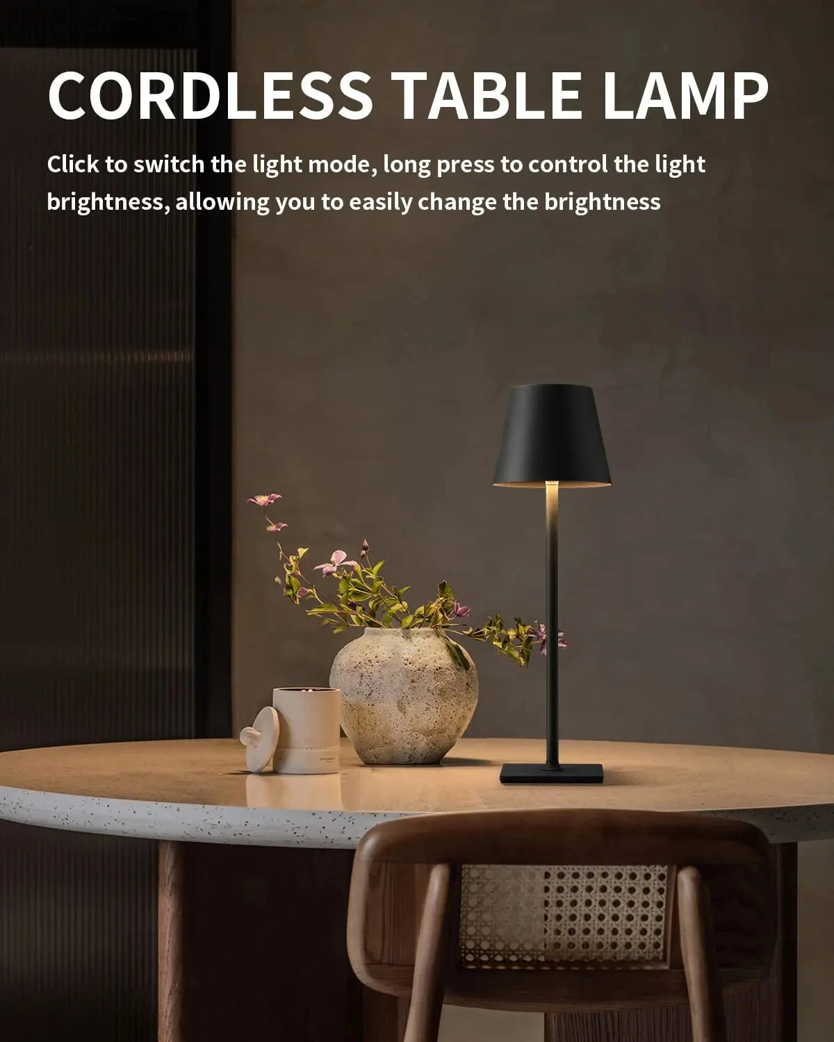 Obsidian black cordless LED desk lamp with conical shade on tabletop