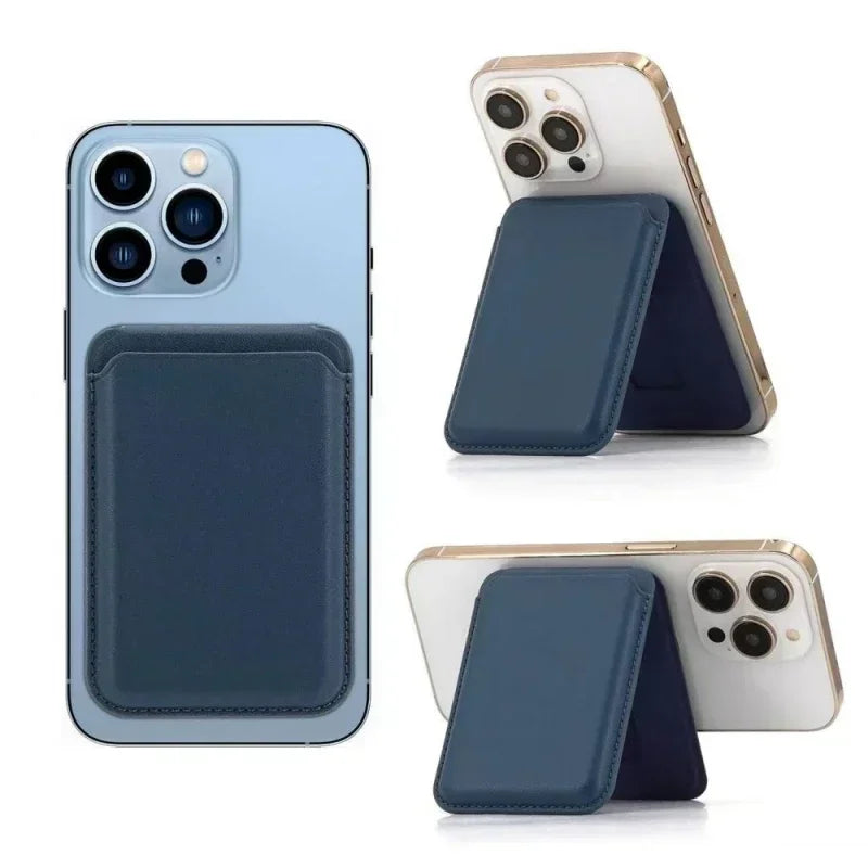 Magnetic stand wallet, dark blue faux leather panel for phone stand