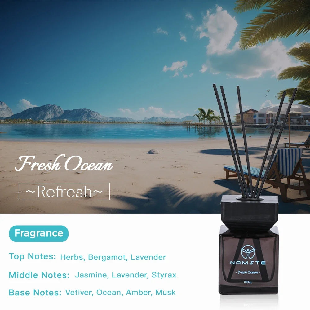 Fresh Ocean reed diffuser oil, black cube bottle with five dark reeds