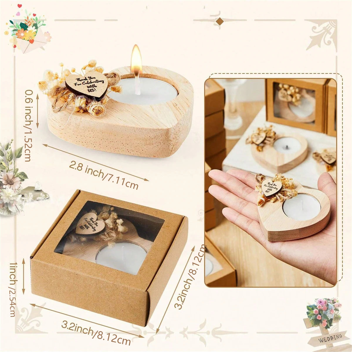 Single heart-shaped scented candle favor with wooden holder, floral charm, gift box