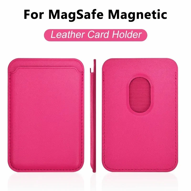 Magnetic card holder, fuchsia pink leather; front pocket, back oval slot, side magnet strip